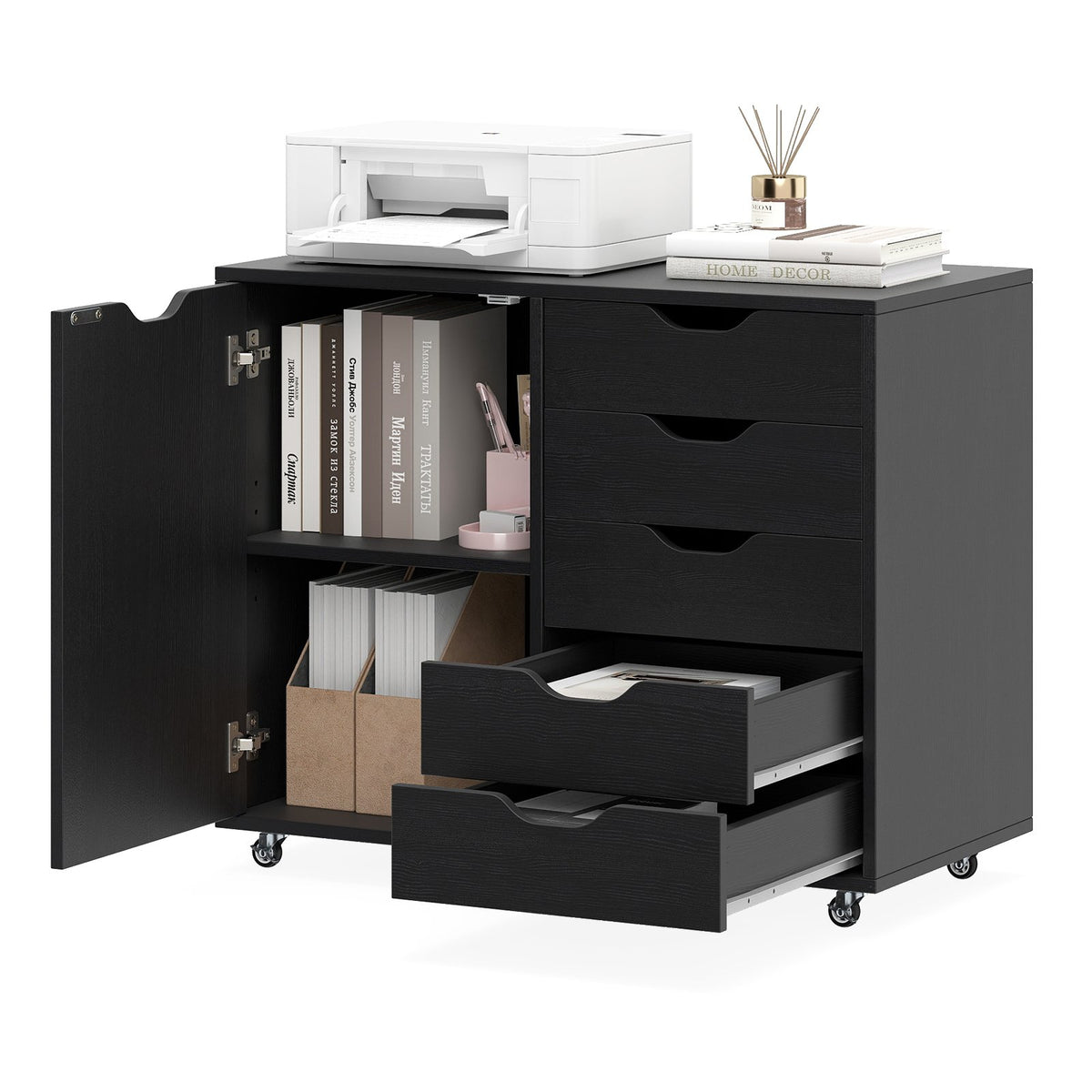 5-Drawer Rolling Storage Cart with Side Cabinet-Black view 4