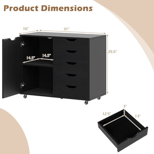 5-Drawer Rolling Storage Cart with Side Cabinet-Black view 5