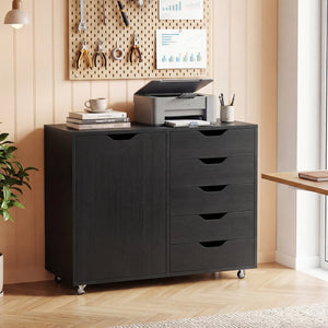 5-Drawer Rolling Storage Cart with Side Cabinet-Black view 6