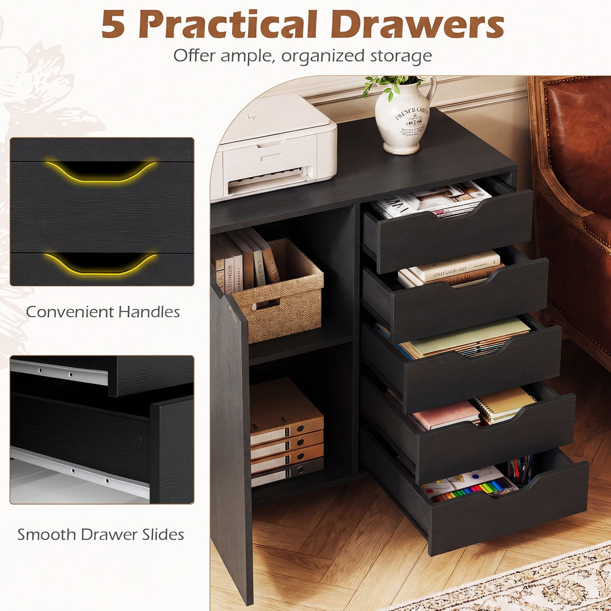 5-Drawer Rolling Storage Cart with Side Cabinet-Black view 7