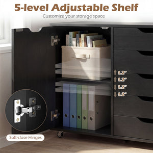 5-Drawer Rolling Storage Cart with Side Cabinet-Black view 8