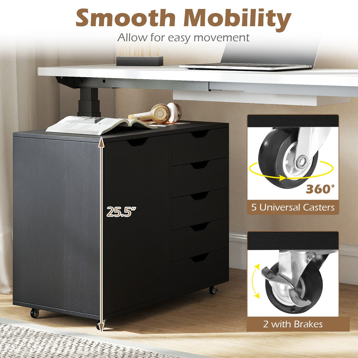 5-Drawer Rolling Storage Cart with Side Cabinet-Black view 9