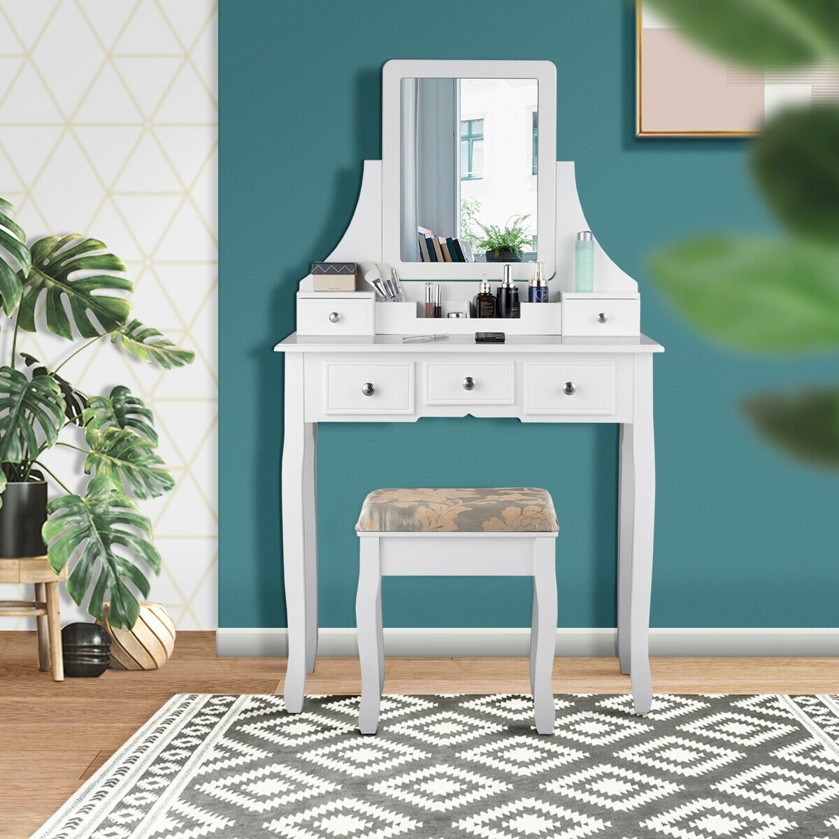 5 Drawers Removable Box Makeup Dressing Vanity Set-White view 2