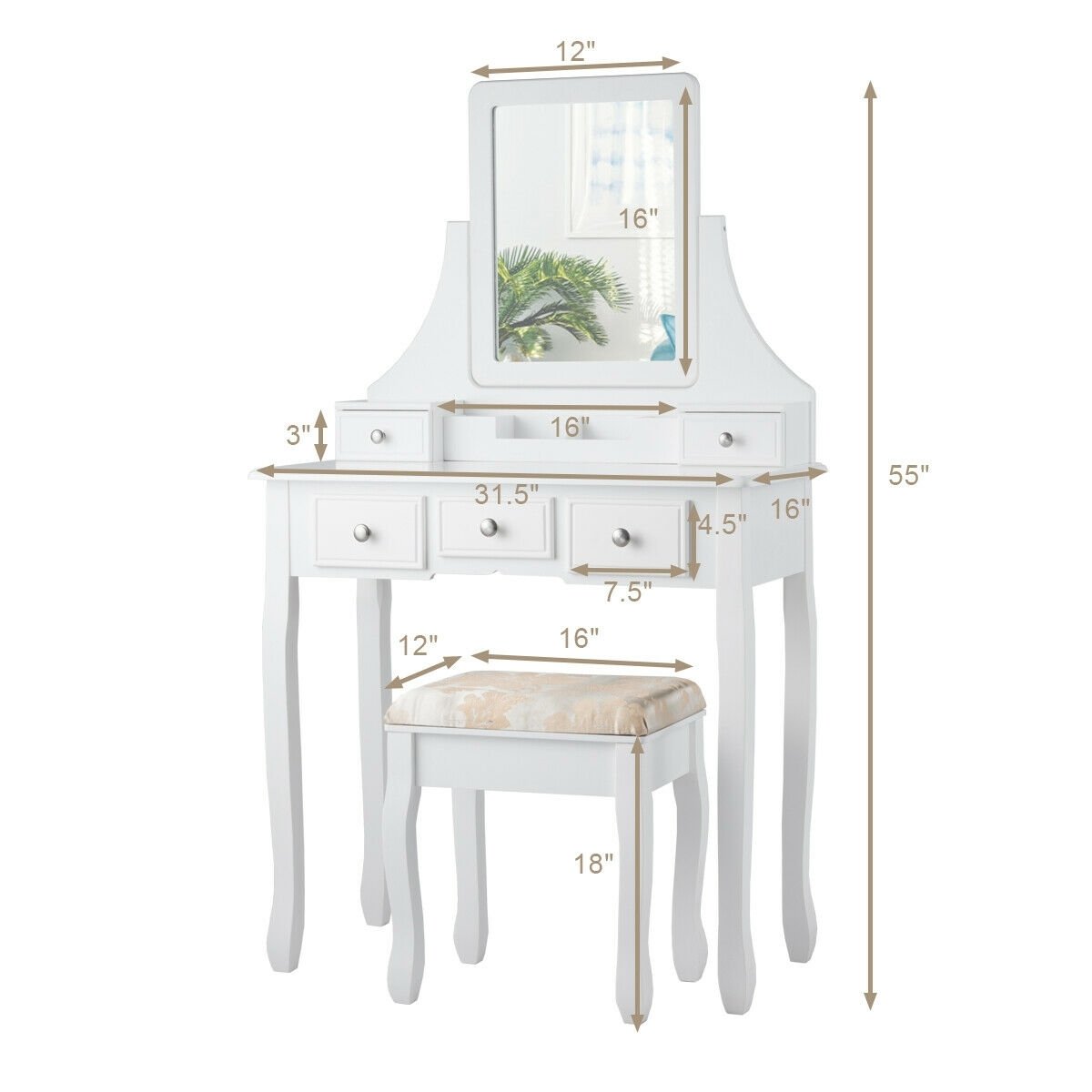 5 Drawers Removable Box Makeup Dressing Vanity Set-White view 4
