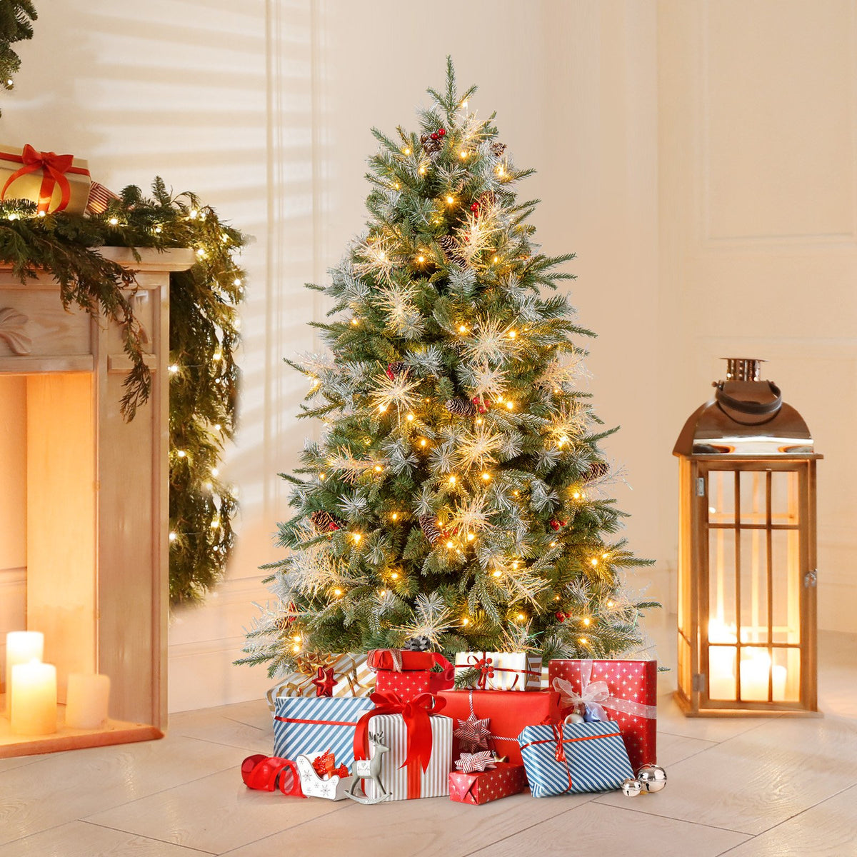 5 Feet Pre-Lit Artificial Christmas Tree with 8 Modes LED Lights with Berries view 3