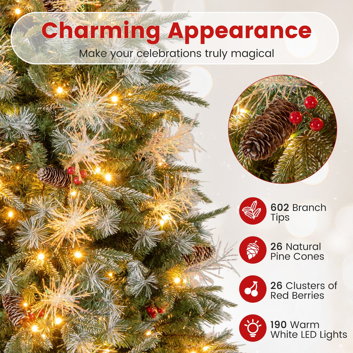 5 Feet Pre-Lit Artificial Christmas Tree with 8 Modes LED Lights with Berries view 8