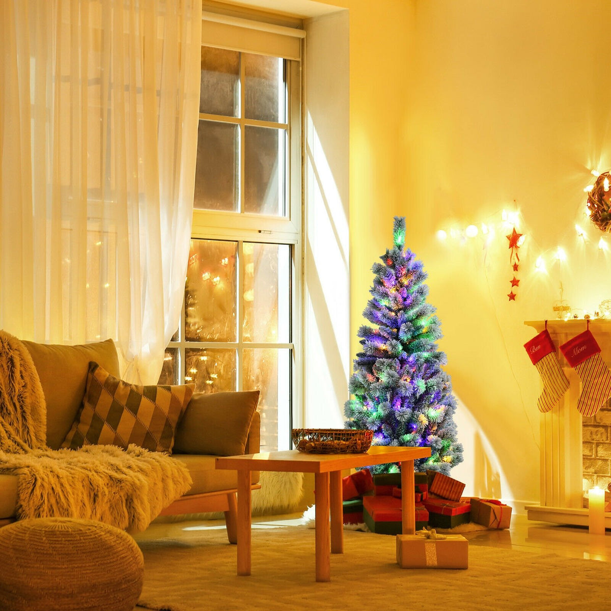 5 Feet Pre-Lit Hinged Christmas Tree Snow Flocked with 9 Modes Remote Control Lights view 6