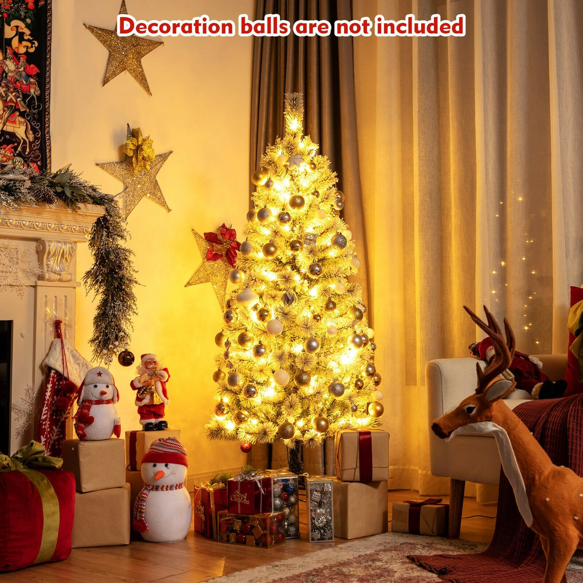 5 Feet Pre-Lit Hinged Christmas Tree Snow Flocked with 9 Modes Remote Control Lights view 7