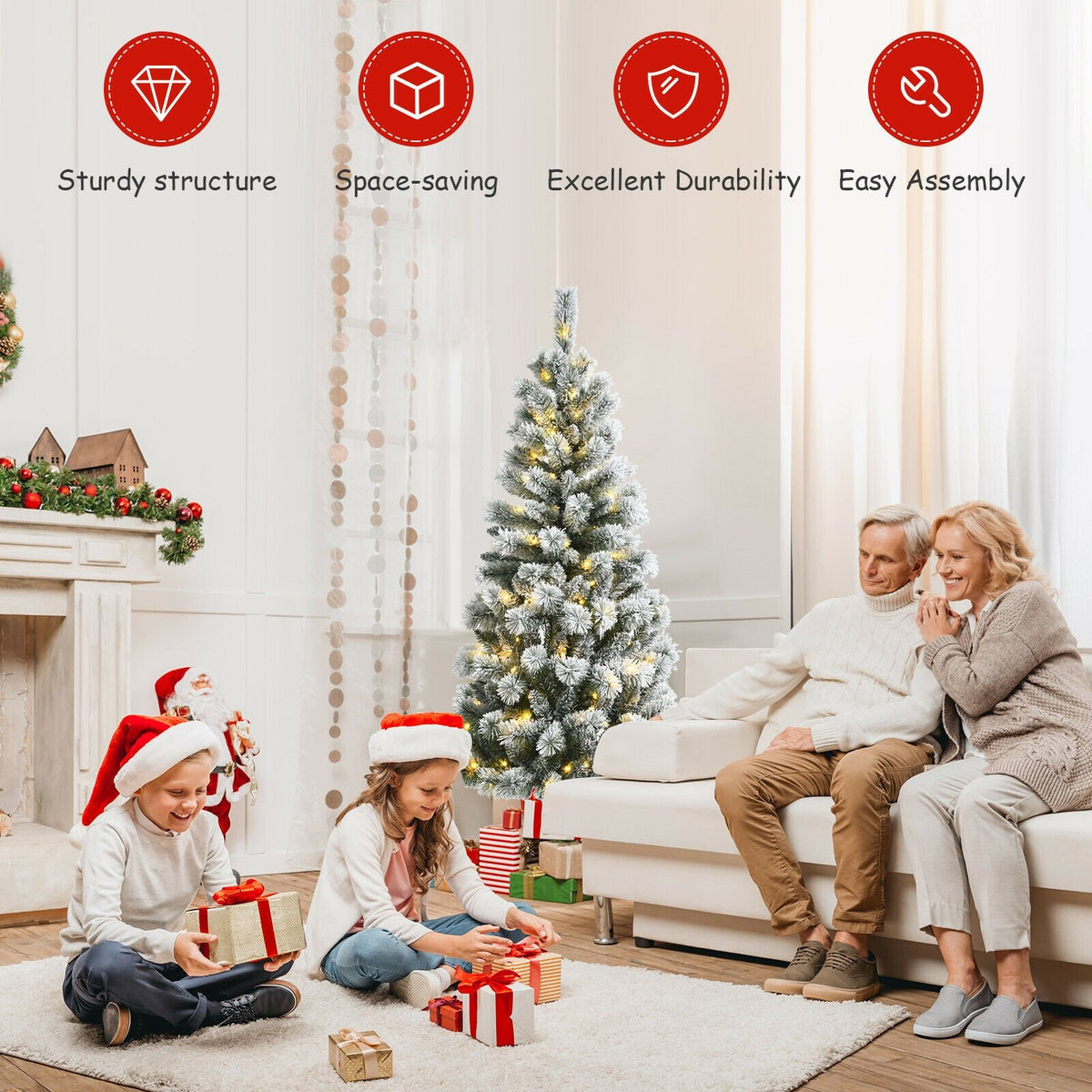 5 Feet Pre-Lit Hinged Christmas Tree Snow Flocked with 9 Modes Remote Control Lights view 8