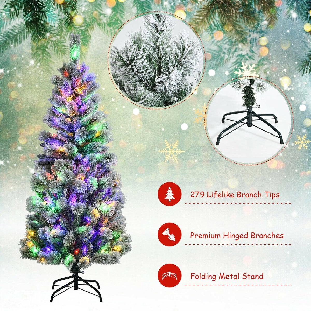 5 Feet Pre-Lit Hinged Christmas Tree Snow Flocked with 9 Modes Remote Control Lights view 9