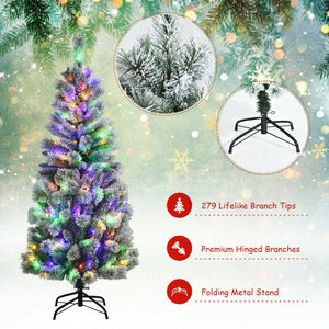 5 Feet Pre-Lit Hinged Christmas Tree Snow Flocked with 9 Modes Remote Control Lights view 9