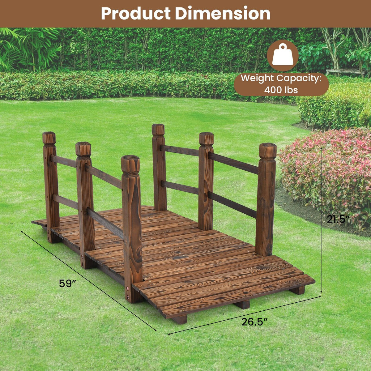 5 Feet Wooden Garden Bridge with Safety Rails-Brown view 5