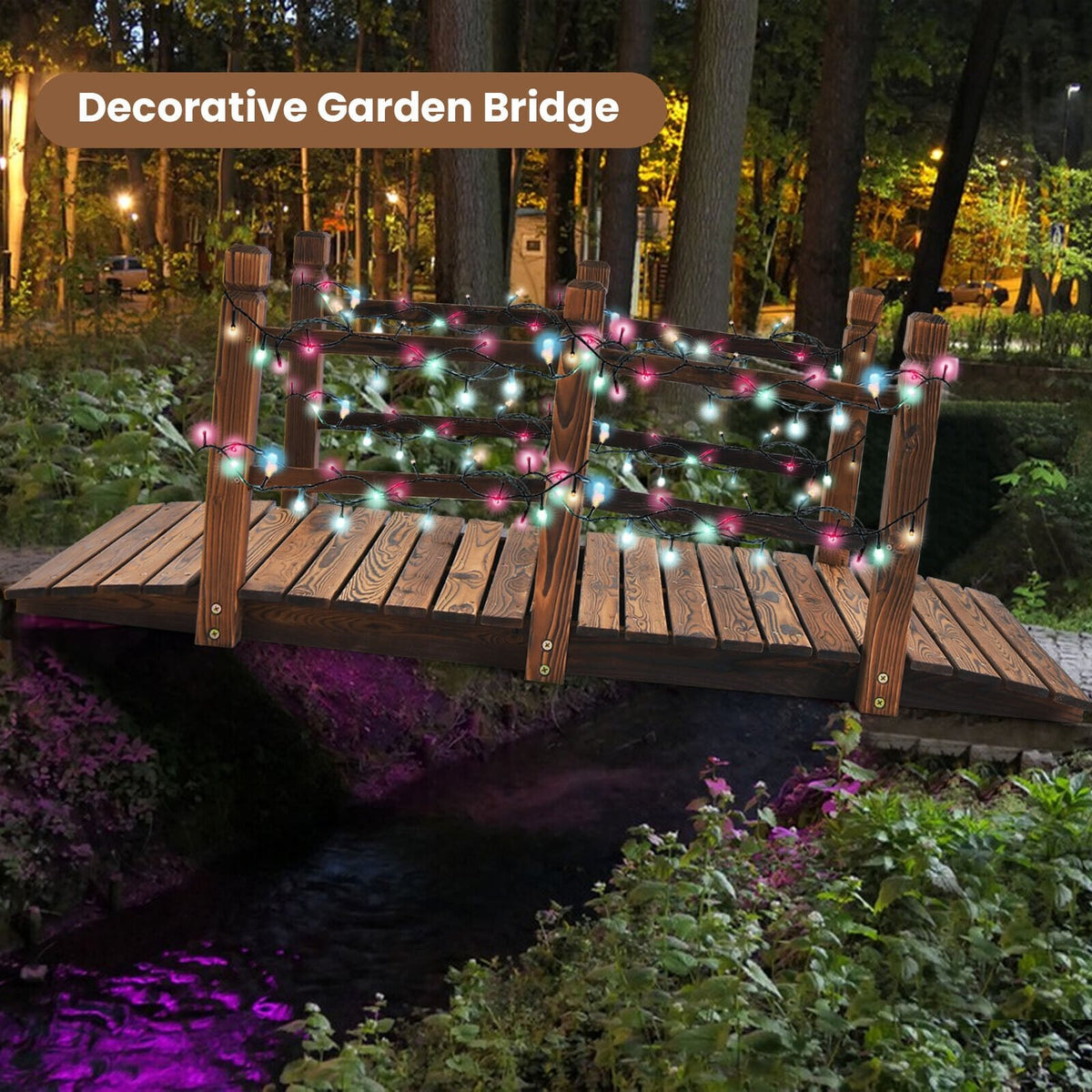 5 Feet Wooden Garden Bridge with Safety Rails-Brown view 6