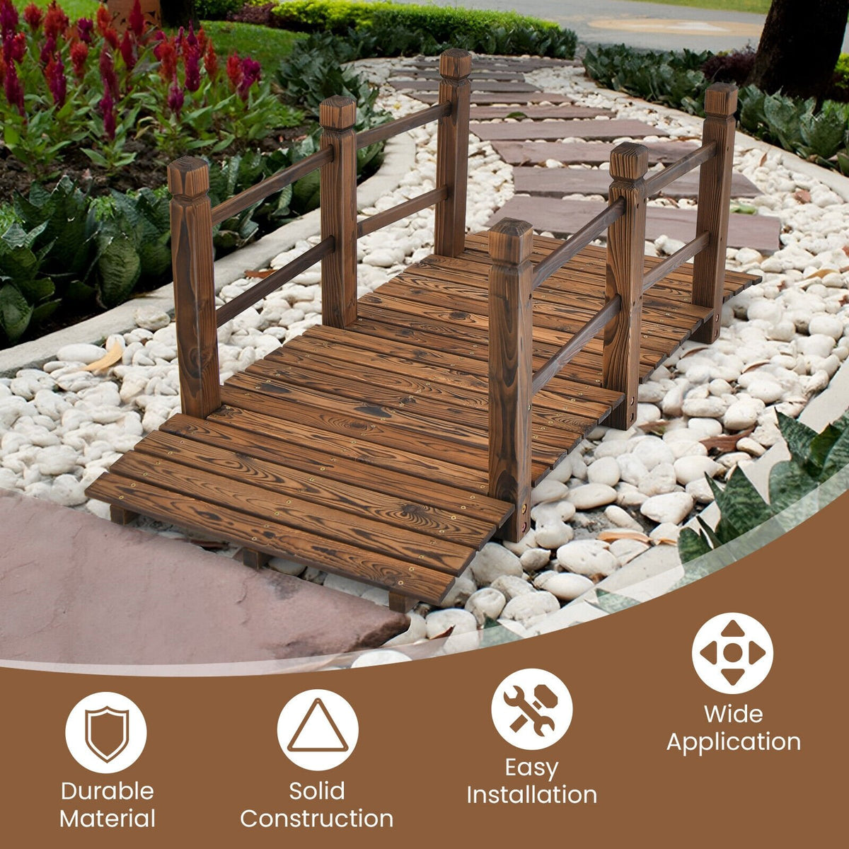 5 Feet Wooden Garden Bridge with Safety Rails-Brown view 8