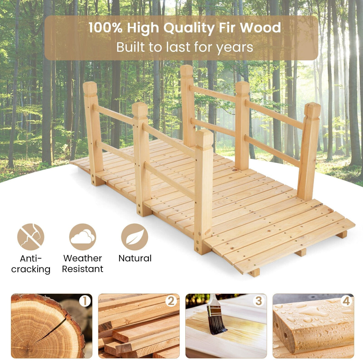 5 Feet Wooden Garden Bridge with Safety Rails-Natural view 7