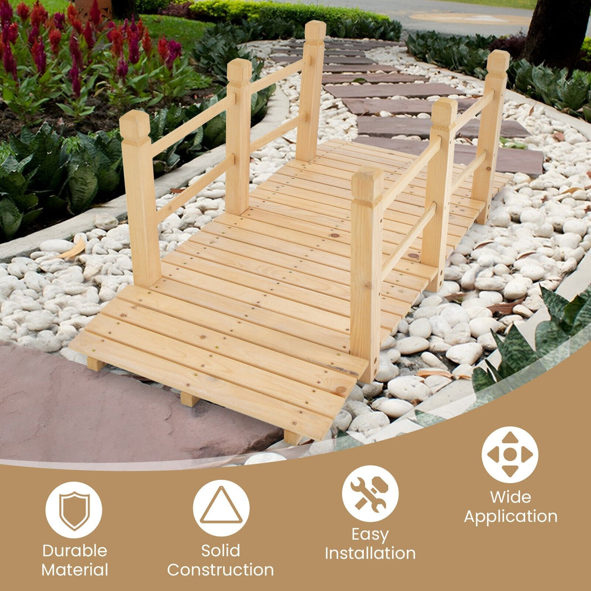 5 Feet Wooden Garden Bridge with Safety Rails-Natural view 8
