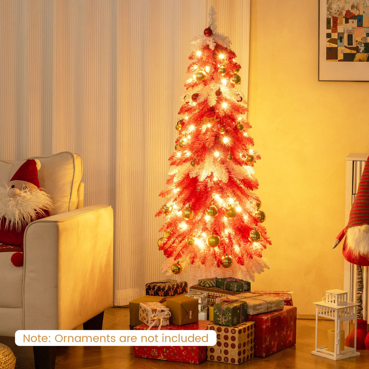 5 FT Artificial Christmas Tree Pre-lit Xmas Trees with 301 Red and White Branch Tips view 2