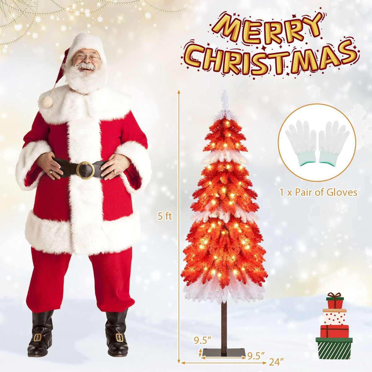 5 FT Artificial Christmas Tree Pre-lit Xmas Trees with 301 Red and White Branch Tips view 5
