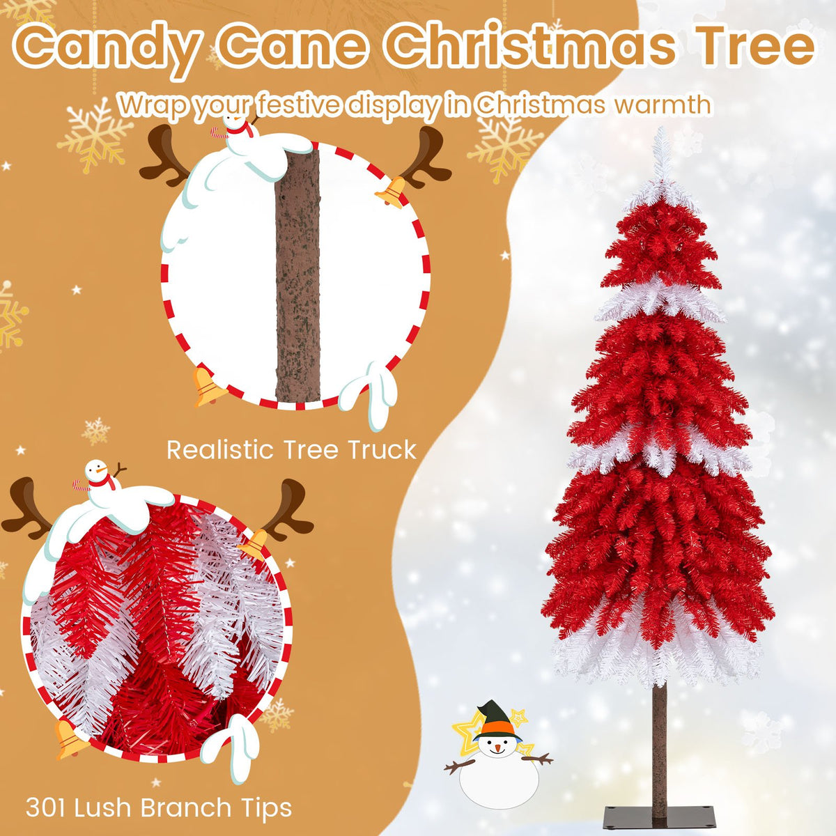 5 FT Artificial Christmas Tree Pre-lit Xmas Trees with 301 Red and White Branch Tips view 7