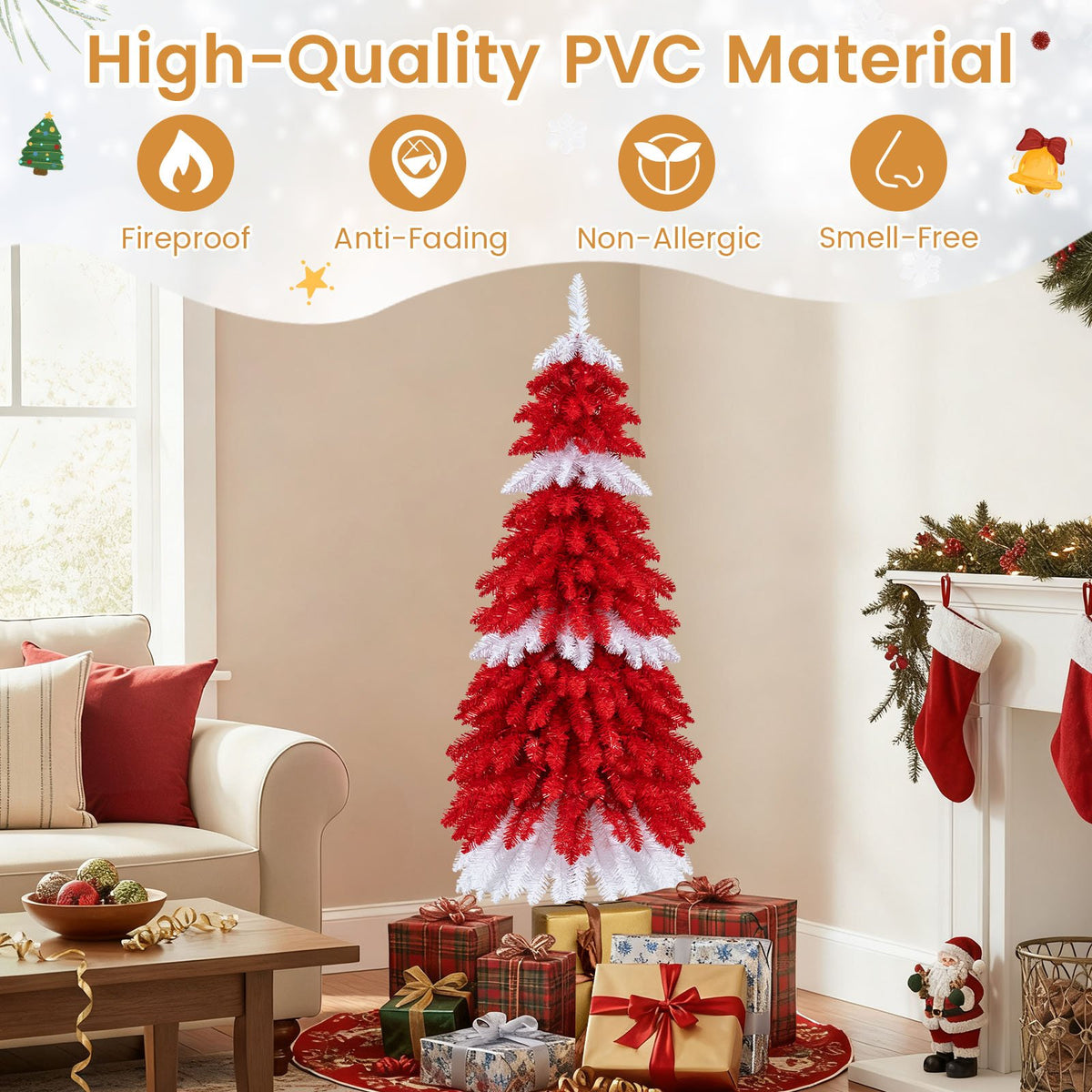 5 FT Artificial Christmas Tree Pre-lit Xmas Trees with 301 Red and White Branch Tips view 8