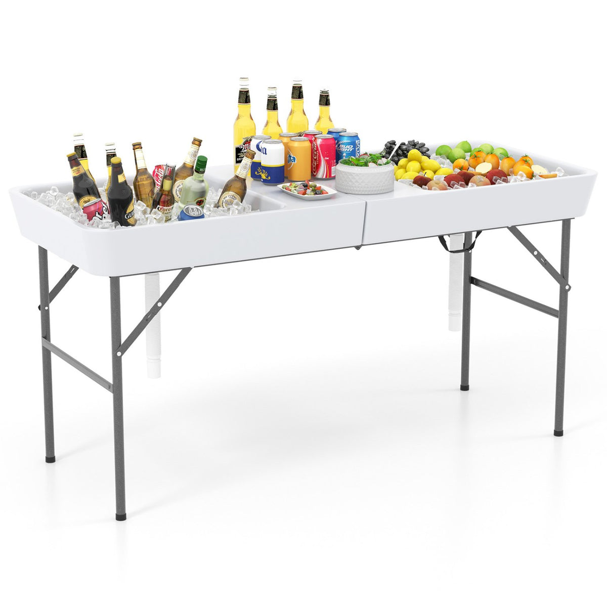 5 FT Folding Ice Cooler Table with Double Sinks for Camping Party Picnic Wedding-White
