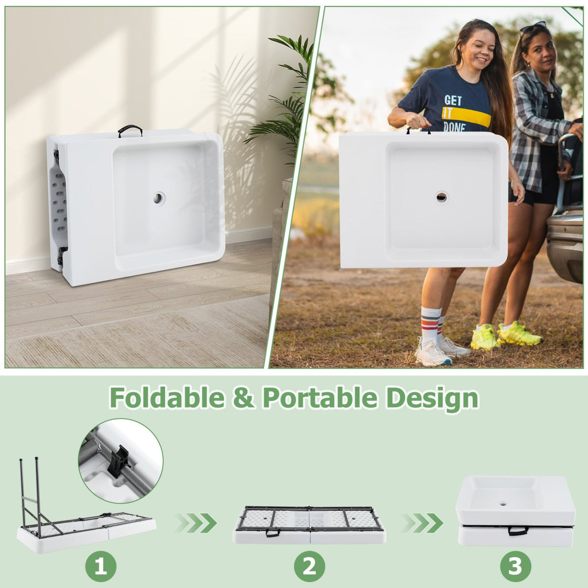 5 FT Folding Ice Cooler Table with Double Sinks for Camping Party Picnic Wedding-White view 5