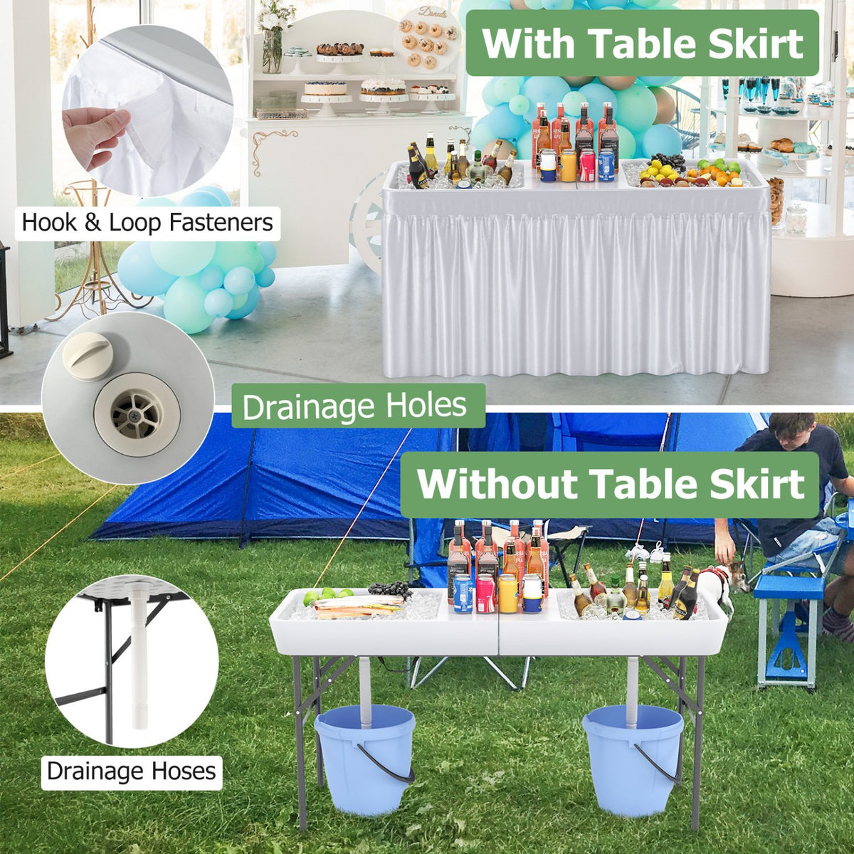5 FT Folding Ice Cooler Table with Double Sinks for Camping Party Picnic Wedding-White view 6