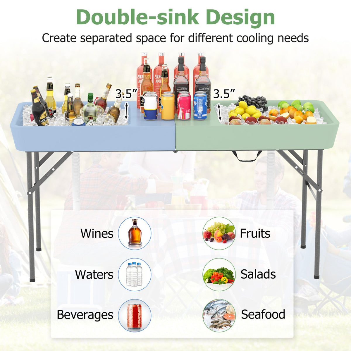 5 FT Folding Ice Cooler Table with Double Sinks for Camping Party Picnic Wedding-White view 7