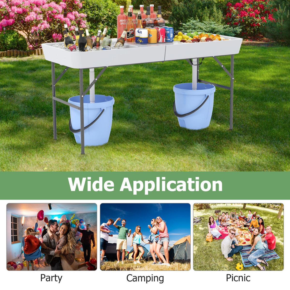 5 FT Folding Ice Cooler Table with Double Sinks for Camping Party Picnic Wedding-White view 8