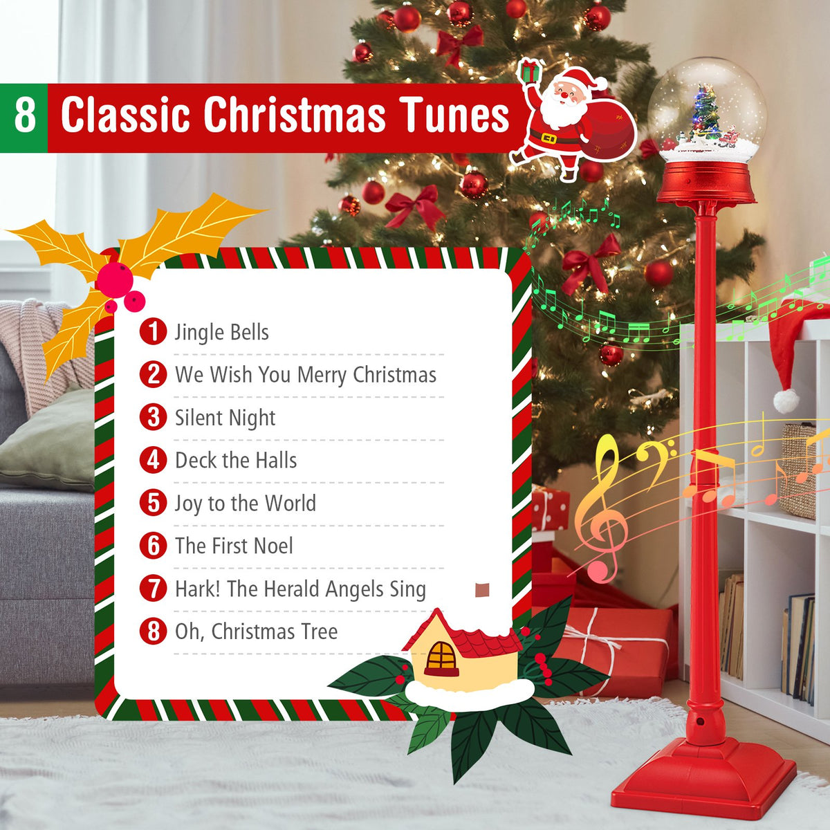 5 Ft Musical Christmas Street Lamp with 8 Tunes and Blowing Snow-Red view 8
