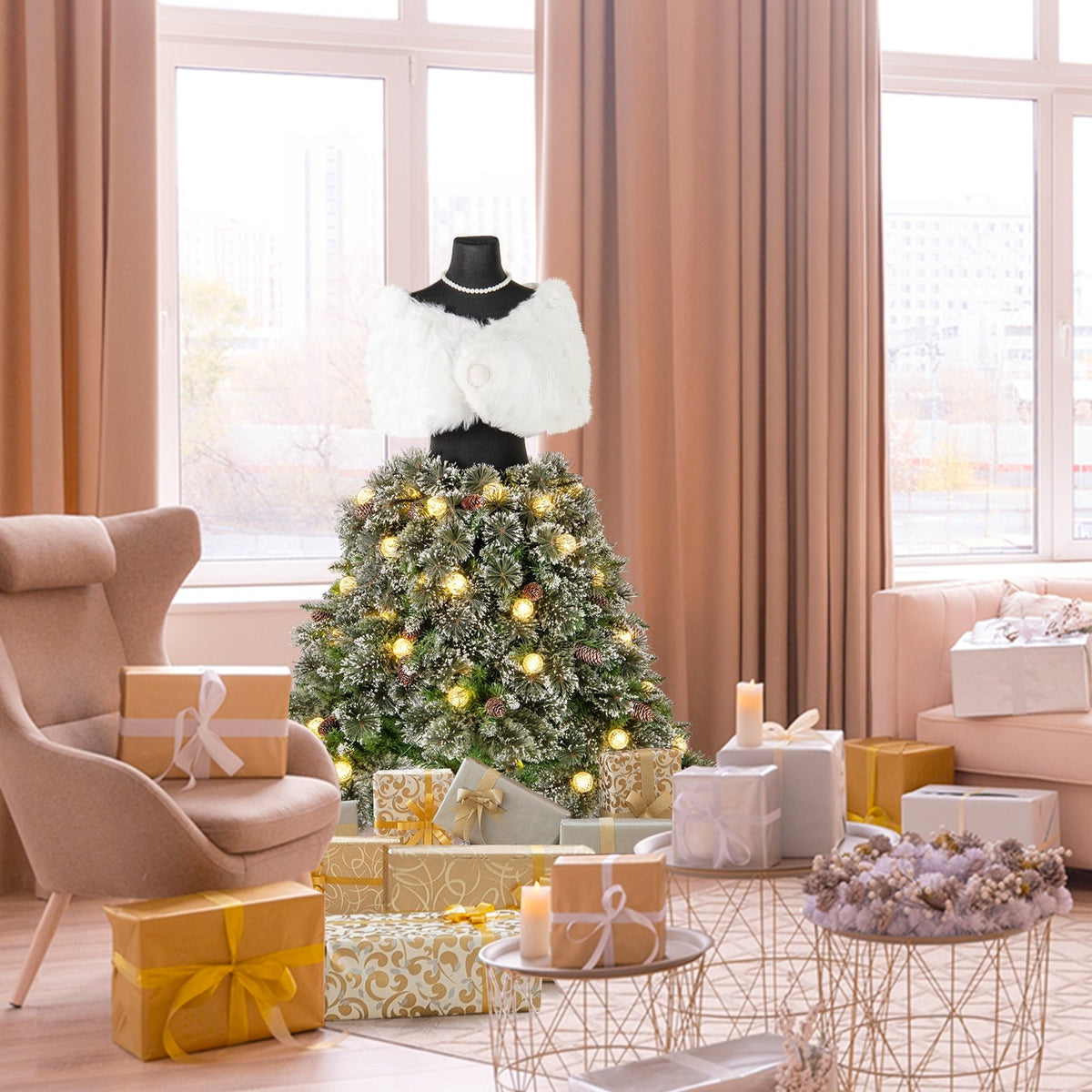 5 FT Pre-lit Mannequin Artificial Christmas Tree Hinged Dress Form Xmas Tree with 465 Branch Tips view 3