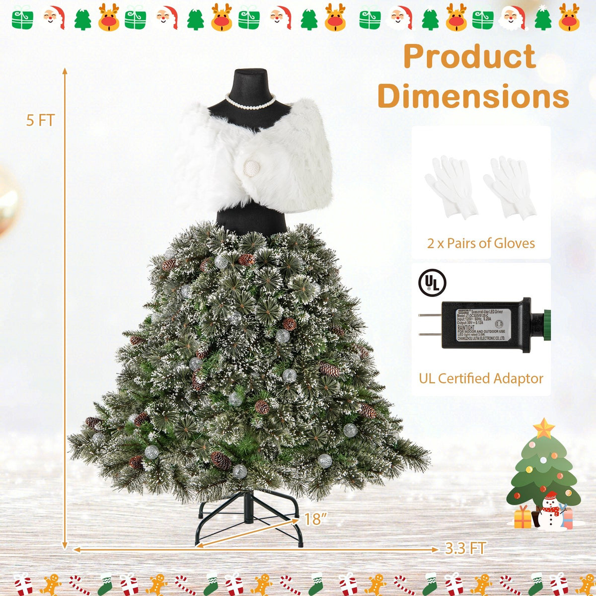 5 FT Pre-lit Mannequin Artificial Christmas Tree Hinged Dress Form Xmas Tree with 465 Branch Tips view 5