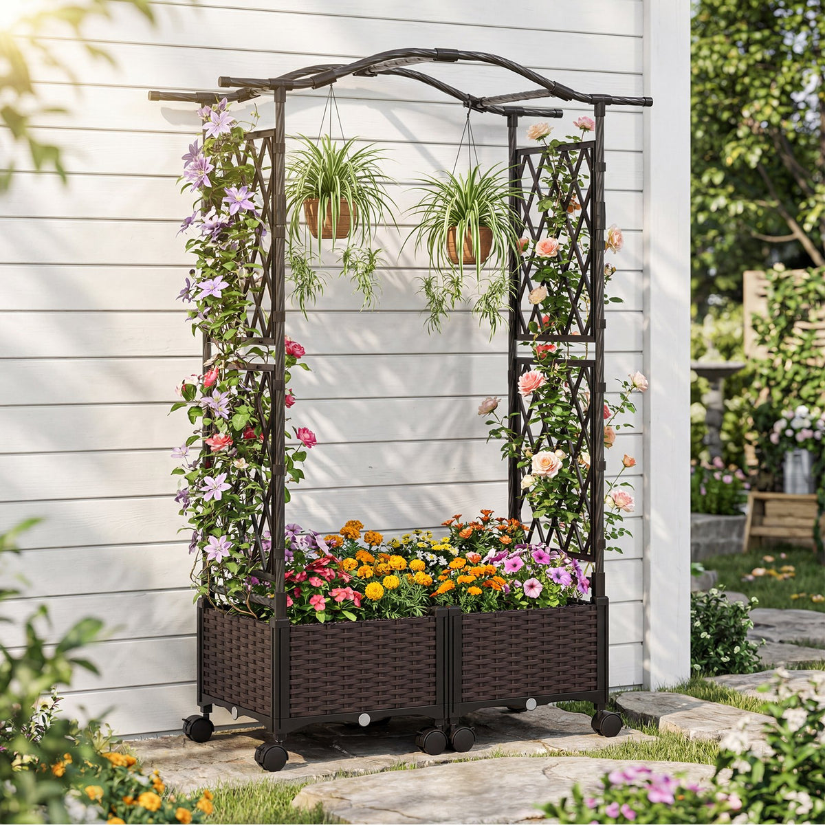 5 FT Self-Watering Planter Boxes with Lattice Trellis and Roof-Brown view 2