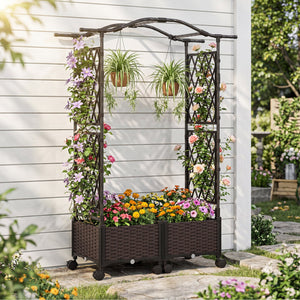 5 FT Self-Watering Planter Boxes with Lattice Trellis and Roof-Brown view 2