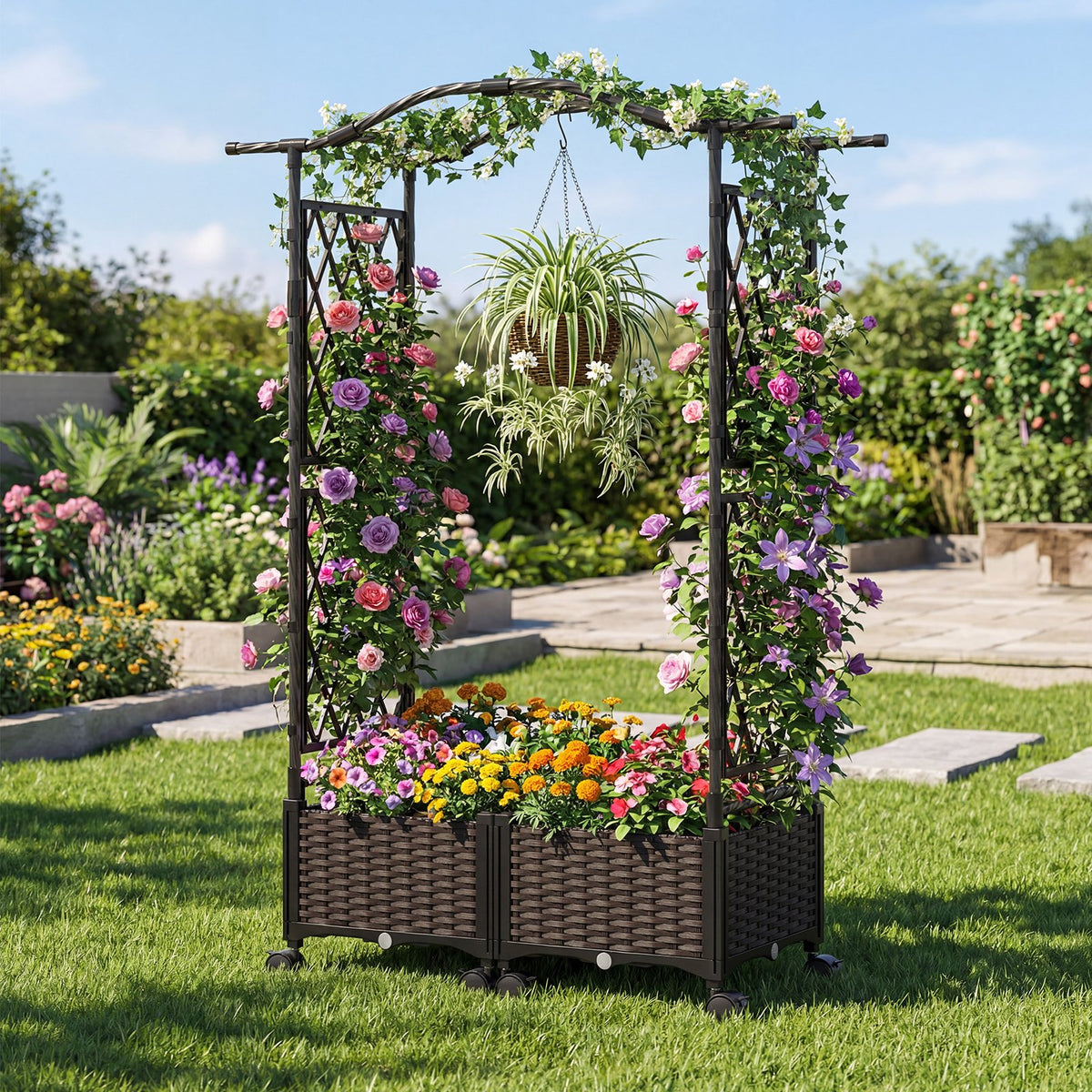 5 FT Self-Watering Planter Boxes with Lattice Trellis and Roof-Brown view 3