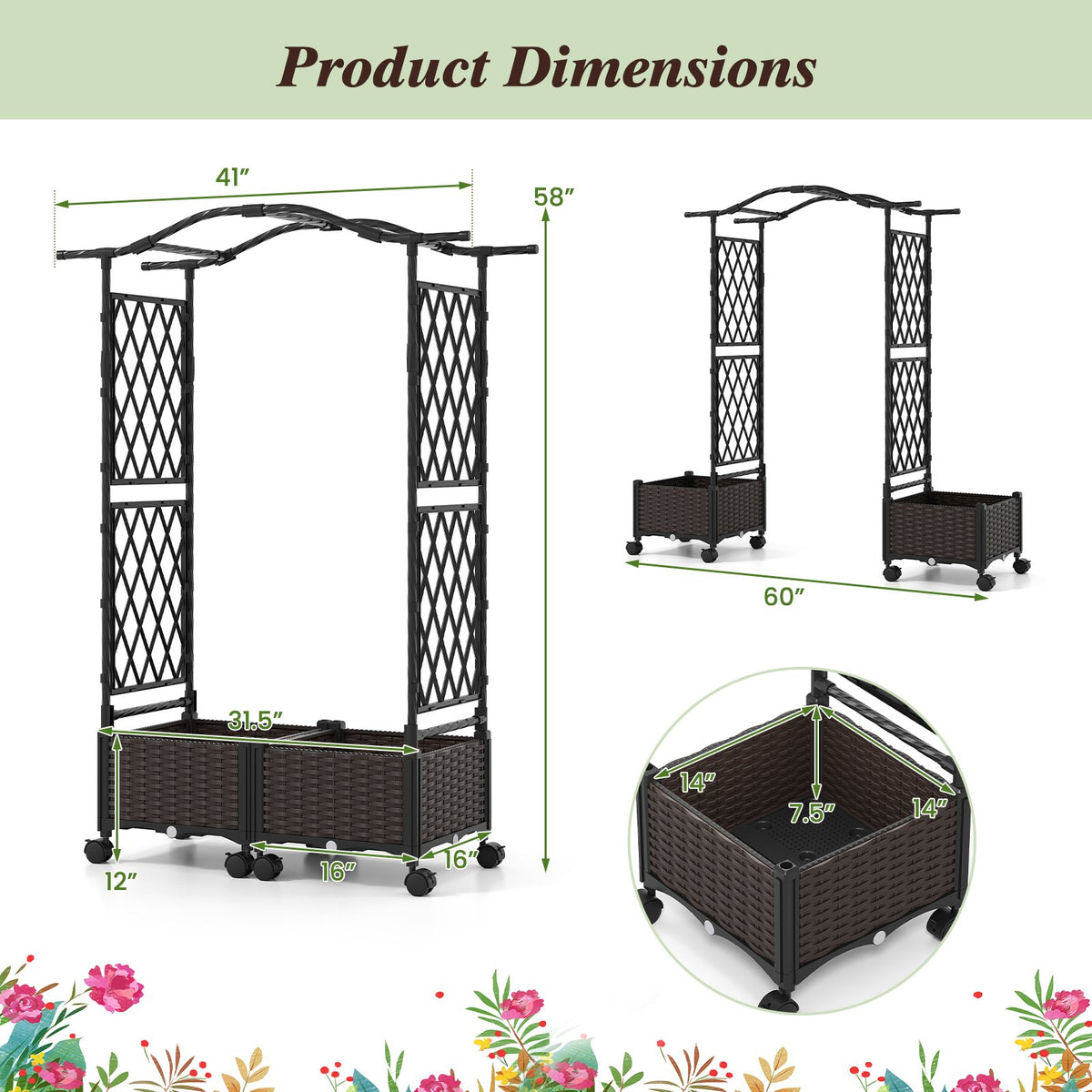 5 FT Self-Watering Planter Boxes with Lattice Trellis and Roof-Brown view 5