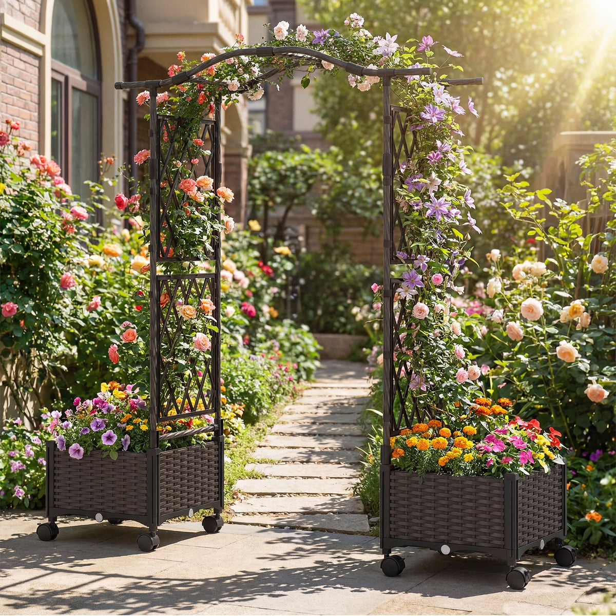 5 FT Self-Watering Planter Boxes with Lattice Trellis and Roof-Brown view 6