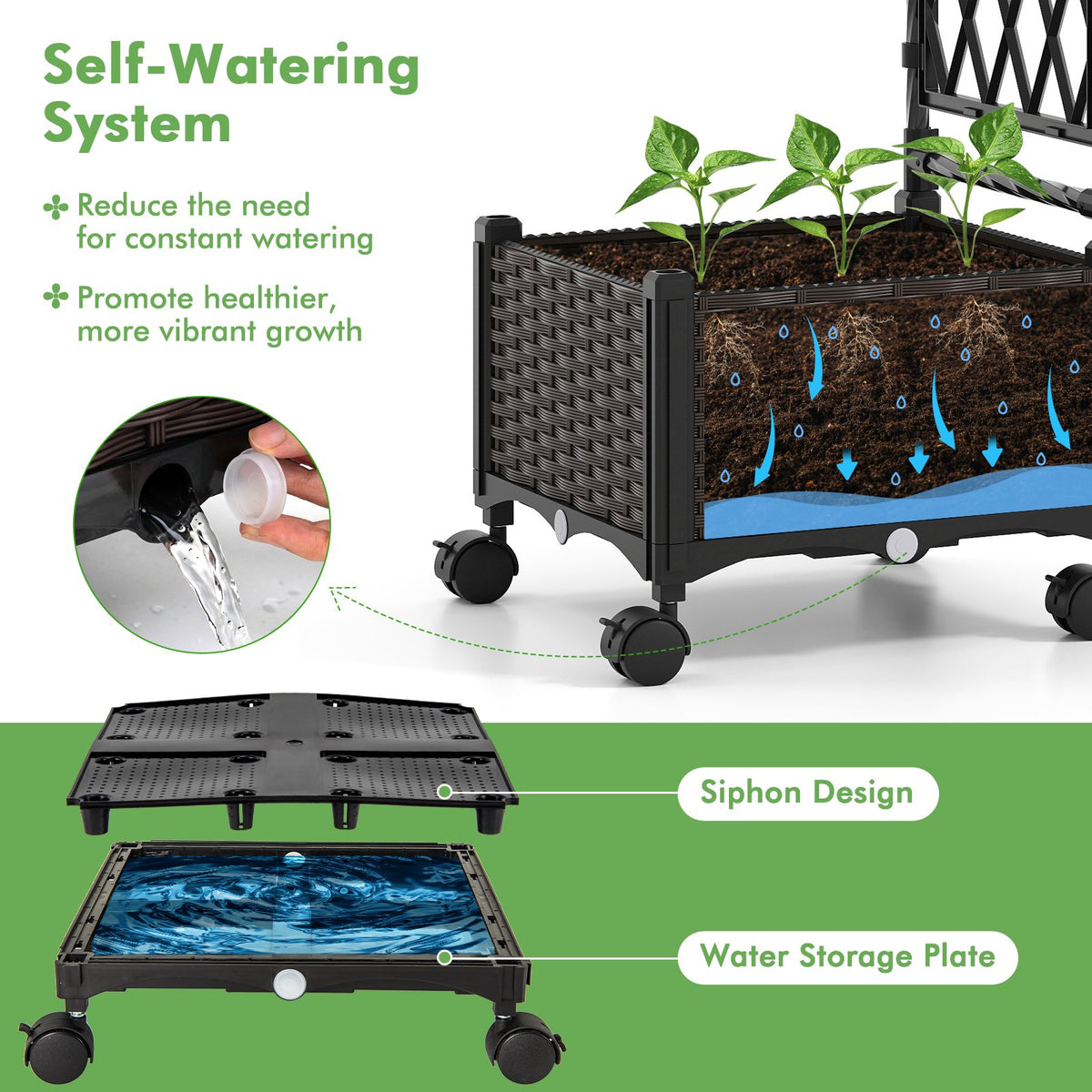 5 FT Self-Watering Planter Boxes with Lattice Trellis and Roof-Brown view 7