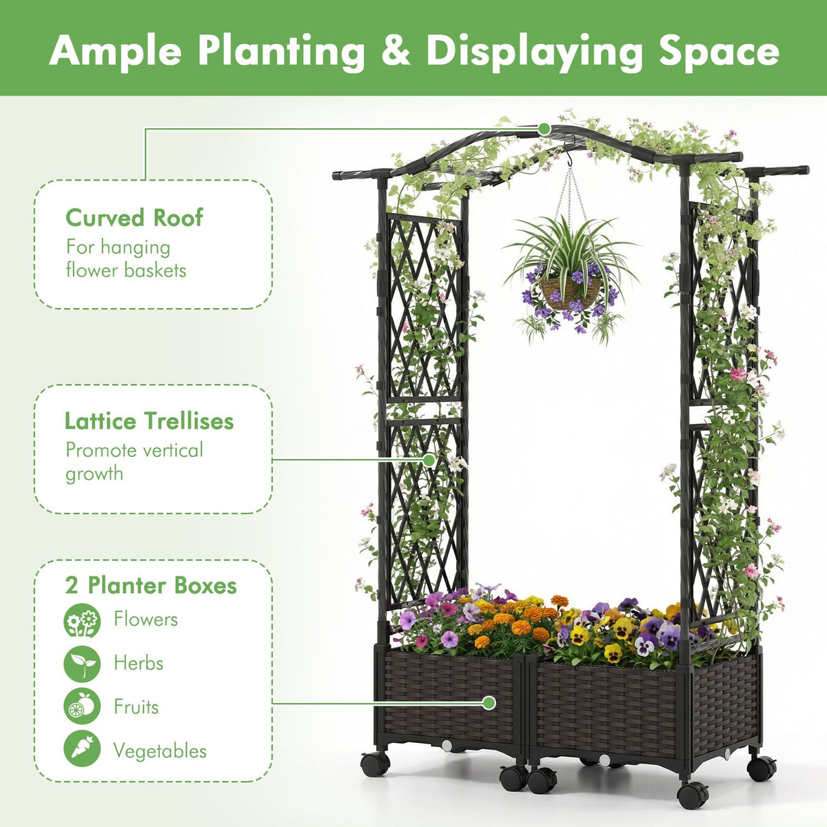 5 FT Self-Watering Planter Boxes with Lattice Trellis and Roof-Brown view 8