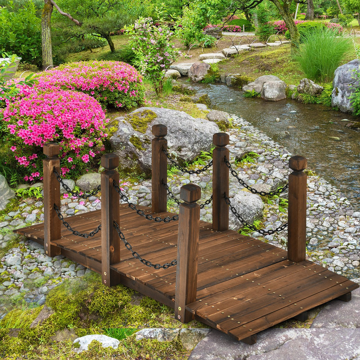 5 Feet Wooden Garden Bridge with Safety Rails【Best Seller in the US】 view 2