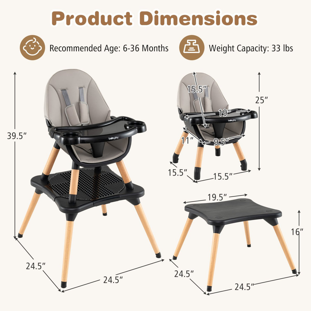 5-in-1 Baby Convertible Wooden High Chair with Detachable Tray-Black view 3
