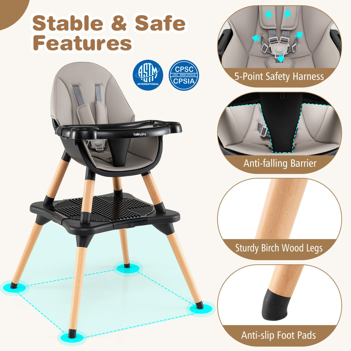 5-in-1 Baby Convertible Wooden High Chair with Detachable Tray-Black view 4