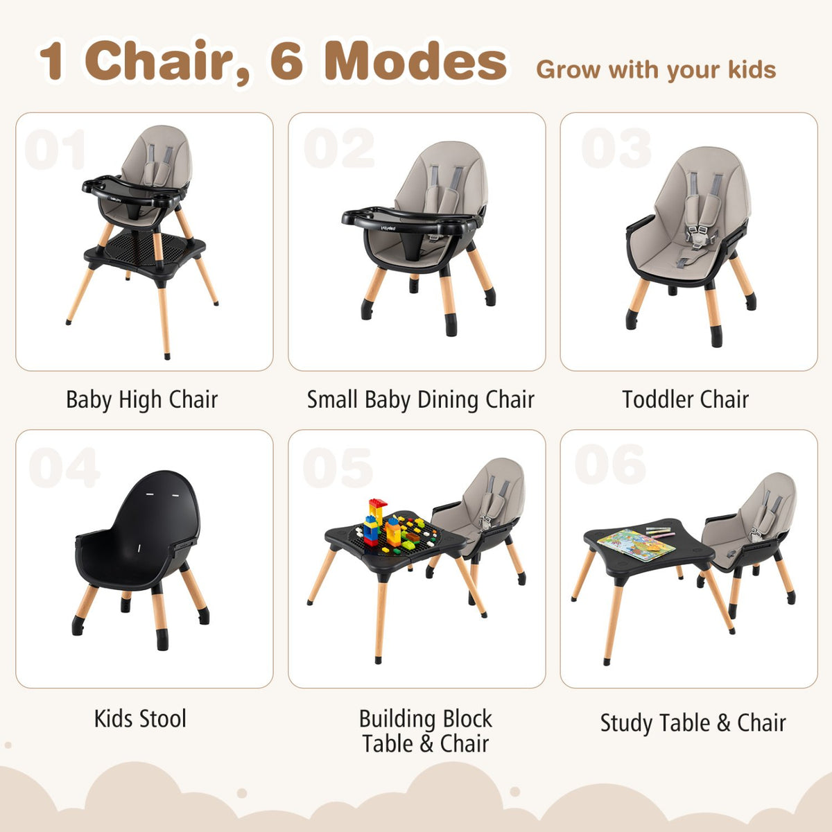 5-in-1 Baby Convertible Wooden High Chair with Detachable Tray-Black view 5