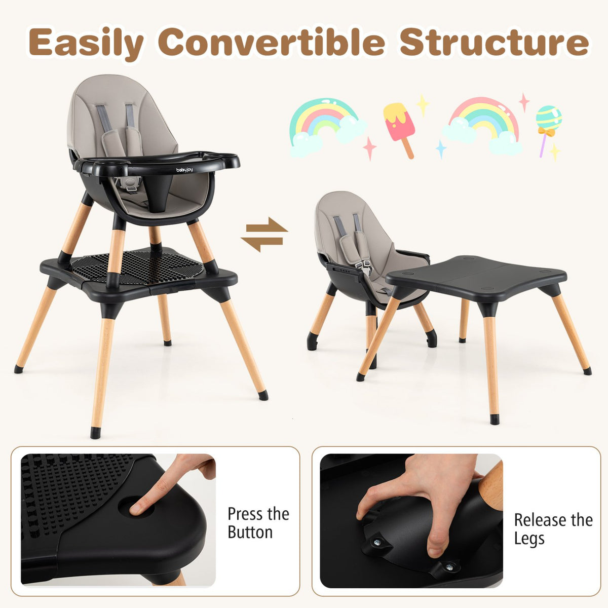 5-in-1 Baby Convertible Wooden High Chair with Detachable Tray-Black view 9
