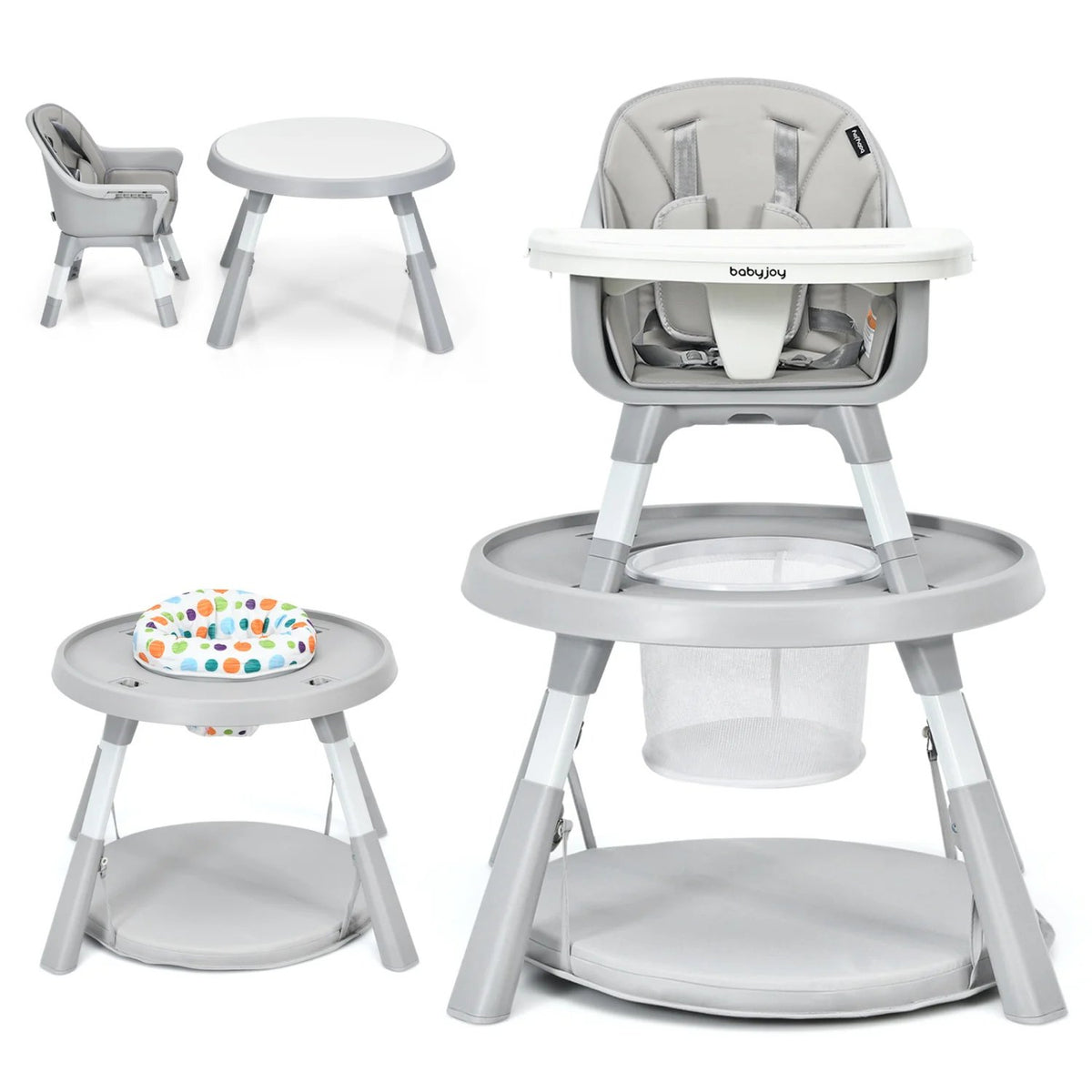 5-in-1 Baby Highchair with Height Adjustable and 2-Tier Tray Storage Busket-Gray