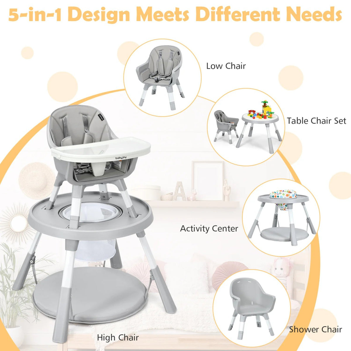 5-in-1 Baby Highchair with Height Adjustable and 2-Tier Tray Storage Busket-Gray view 5