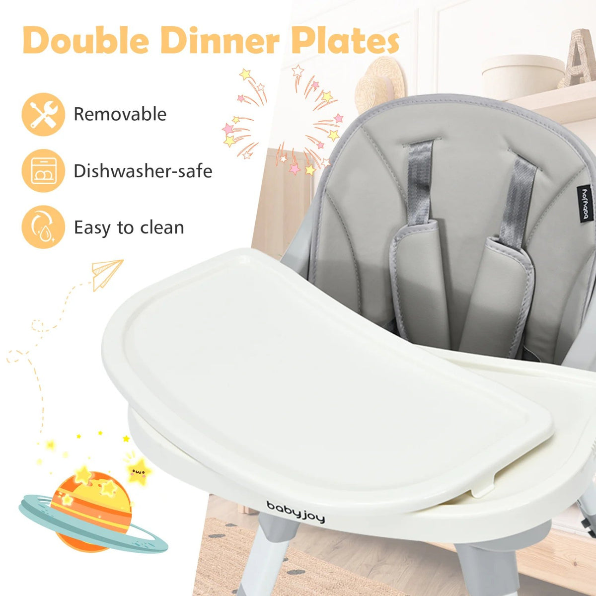 5-in-1 Baby Highchair with Height Adjustable and 2-Tier Tray Storage Busket-Gray view 6