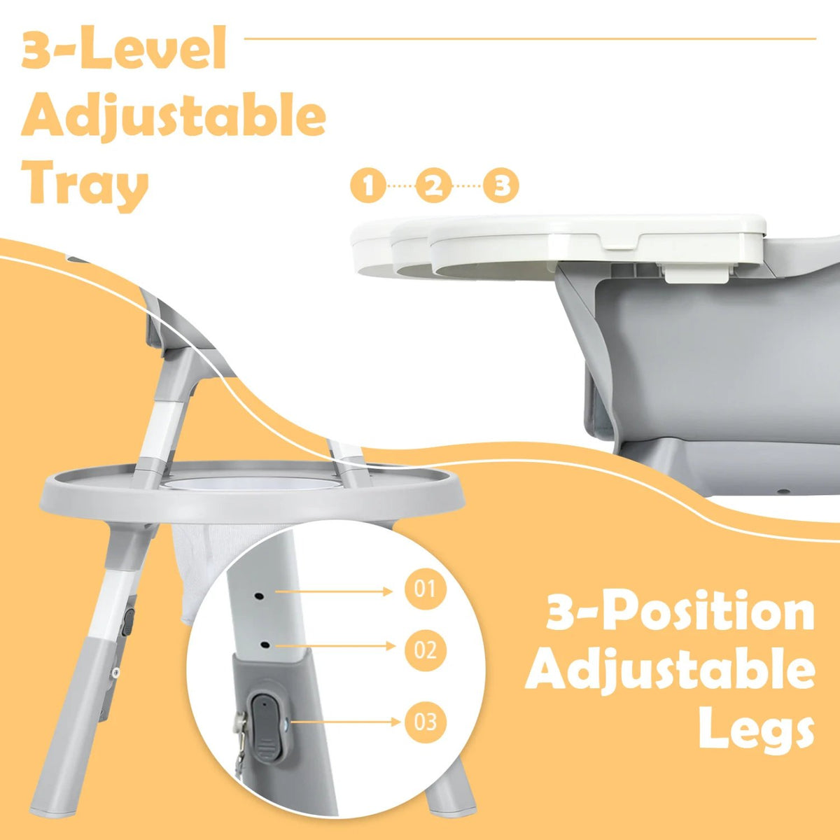 5-in-1 Baby Highchair with Height Adjustable and 2-Tier Tray Storage Busket-Gray view 7