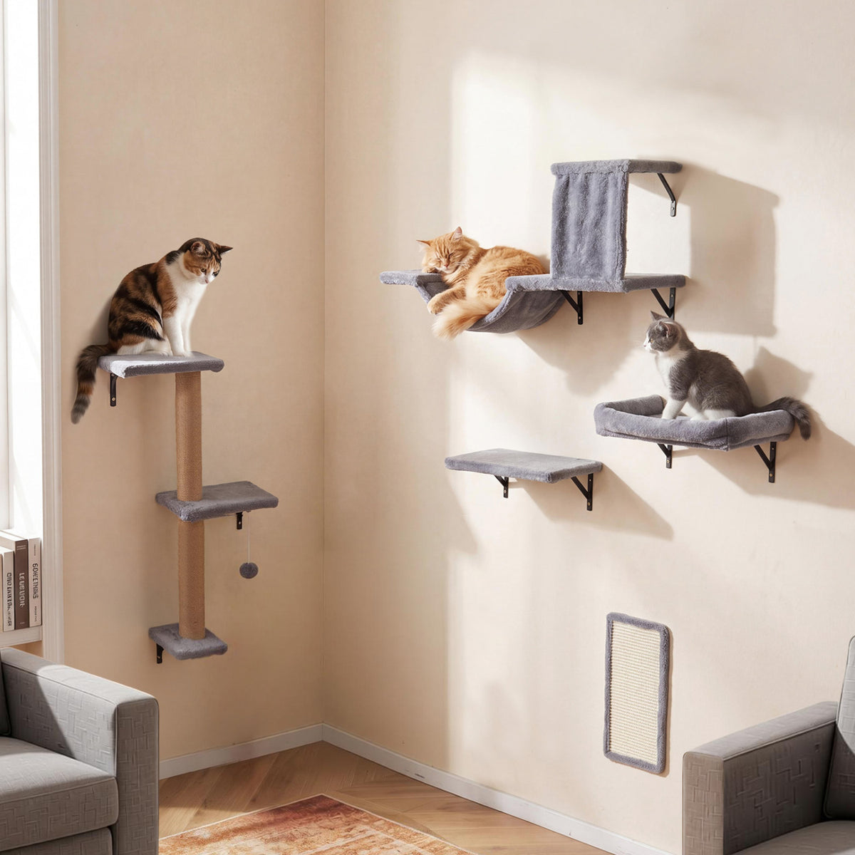 5-in-1 Cat Wall Shelves with Condo Bridge Perch Platform Scratching Post and Board for Indoor-Gray view 3