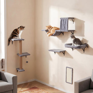 5-in-1 Cat Wall Shelves with Condo Bridge Perch Platform Scratching Post and Board for Indoor-Gray view 3